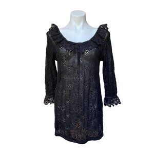 Vintage 90s Black Crochet Knit Top Ruffle Lace Long Sleeve Shirt Sheer